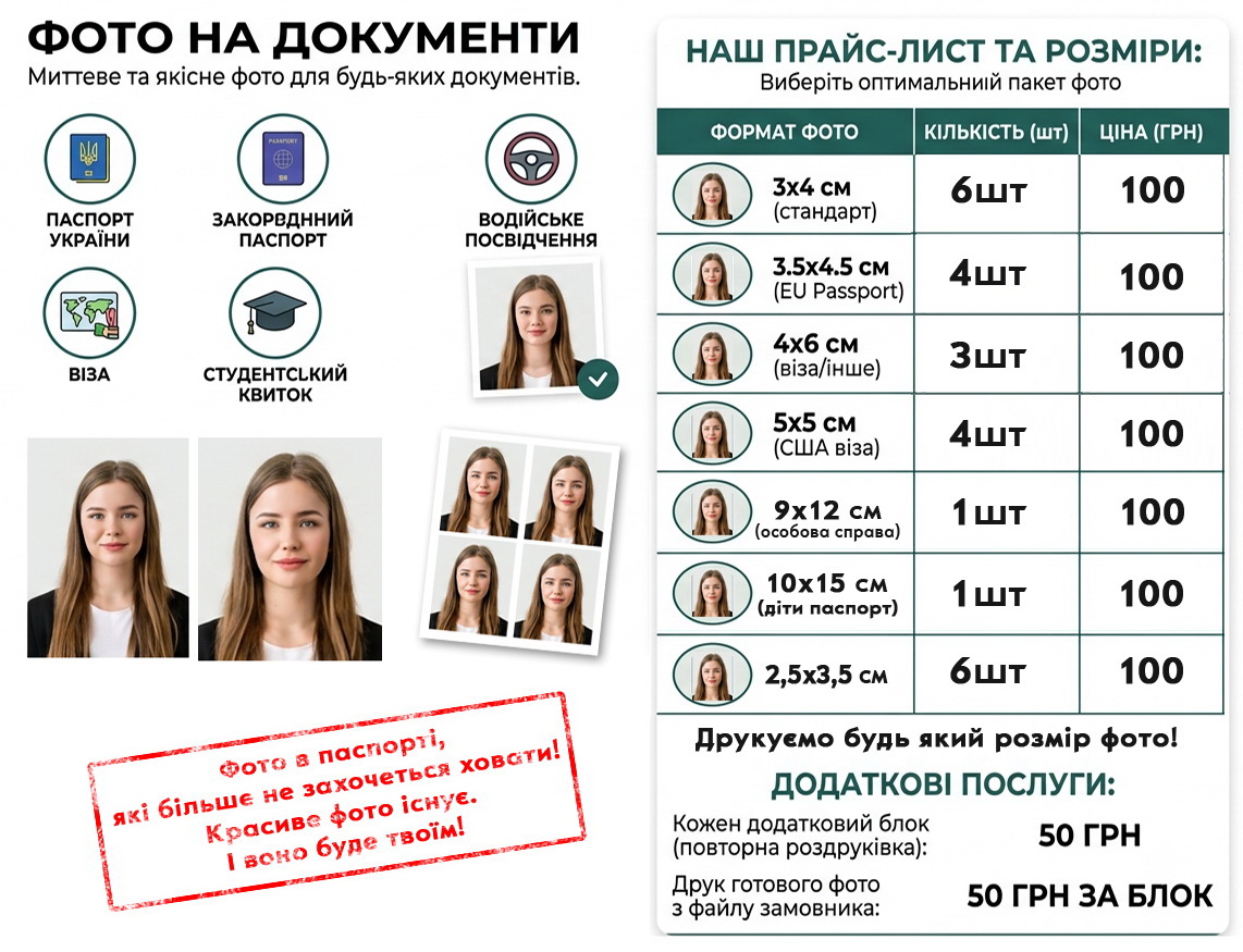 Фото на документи: паспорт, віза, закордонний, студентський, водійське. Розміри та ціни.